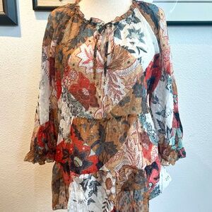 Johnny Was Tunic NWT Size XL Sheer Crinkle Patchwork Pattern, Ruffled Neck, Cuff